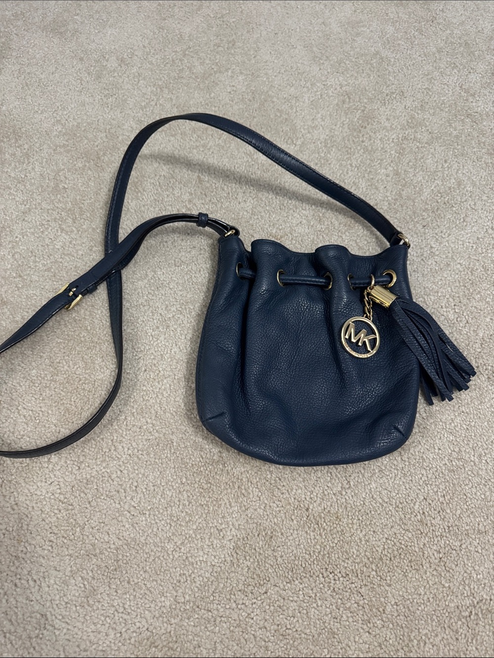 Michael Kors Navy Pebbled Leather Drawstring Crossbody